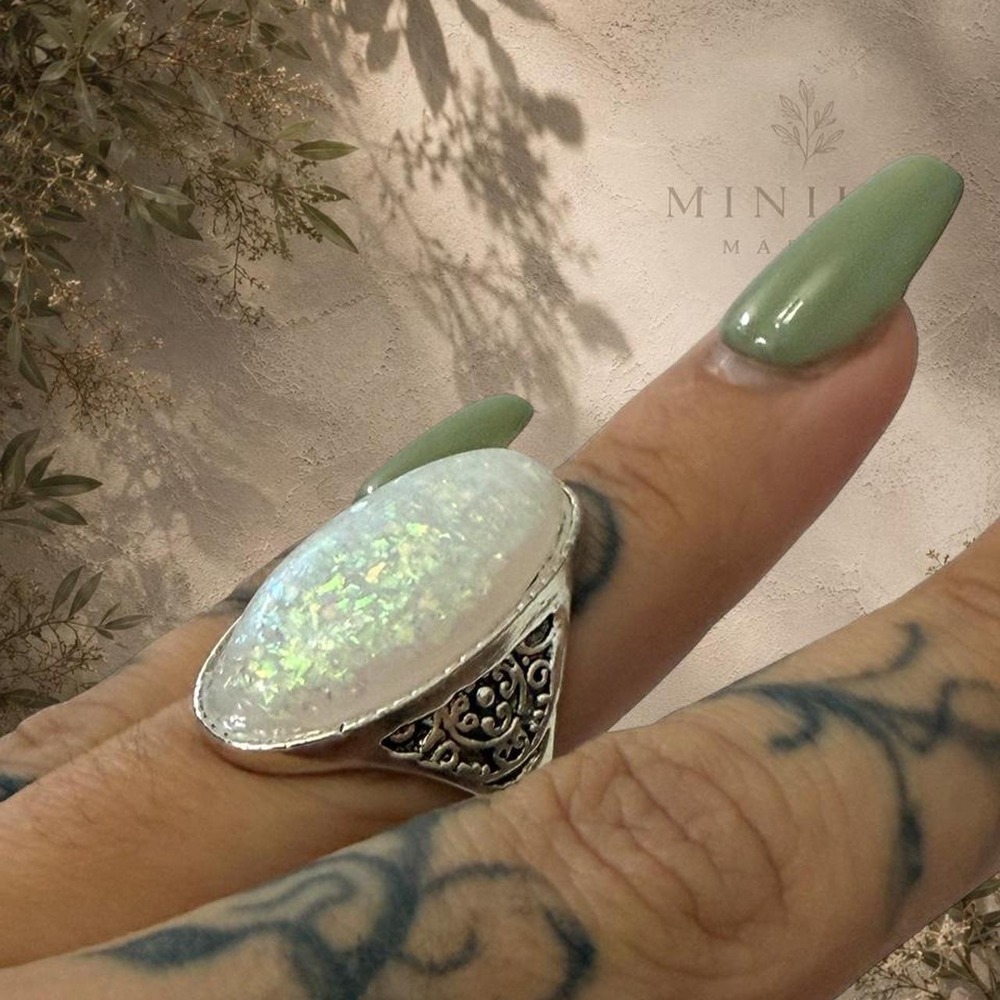 Silver Tone Large Iridescent Opal Style Statement Ring – Size 8